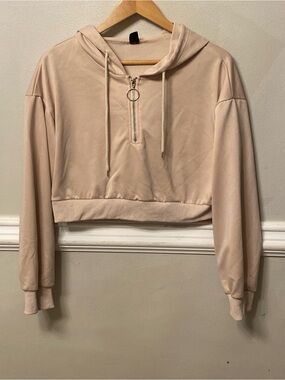 Cropped Ring-Zip Hoodie in Light Beige